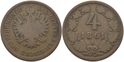 АВСТРИЯ 4 КРЕЙЦЕРА 1861 А, ФРАНЦ ИОСИФ (1848-1916) KM 2194 медь 97-934