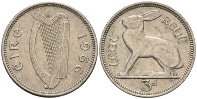 Ирландия 3 пенса 1966 заяц KM 12a медно-никель 4596-1112