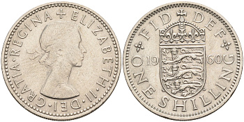 Великобритания 1 шиллинг 1960 Елизавета II (1952-2022), Английский герб KM 904, Spink 4147 медно-никель 4592-312
