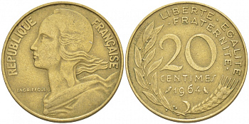 ФРАНЦИЯ 20 САНТИМОВ 1964 ТИП MARIANNE KM 930, LE FRANC 156.4 алюминиевая бронза 4402-1211