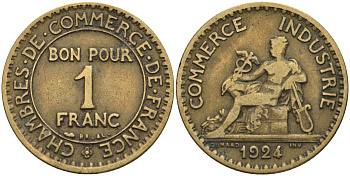 Франция 1 франк 1924 KM 876, Le Franc 218.5 алюминиевая бронза 4142-752