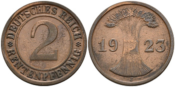 Германия 2 рентенпфеннига 1923 J, выпуск 1924 года KM 31, J.307, Weege 3 медь 4584-614