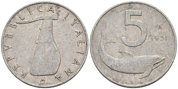 Италия 5 лир 1951 R, руль , дельфин KM 92 алюминий 51-131