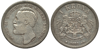 Швеция 1 крона 1884 ЕВ, Оскар II (1872-1907) король Швеции и Норвегии KM 747 серебро 1530-922