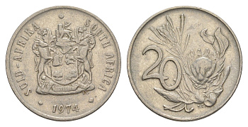 ЮАР 20 центов 1974 герб, цветок протея KM 86 никель 4603-1154