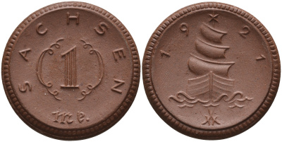 Саксония 1 марка 1921 парусник J. N 55 фарфор 1094-3-73