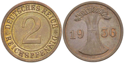 ГЕРМАНИЯ 2 РЕЙХСПФЕННИГA 1936 F KM 38, J. 314, Weege 4 бронза 206-863