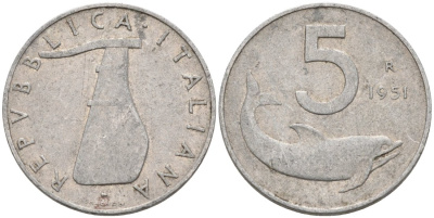 Италия 5 лир 1951 R, руль , дельфин KM 92 алюминий 51-131