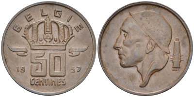 БЕЛЬГИЯ 50 САНТИМОВ 1957 BELGIE KM 149.1 бронза 4588-469