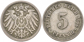 ГЕРМАНИЯ 5 ПФЕННИГОВ 1906 A, KM 11, J. 12 медно-никель 73-1766