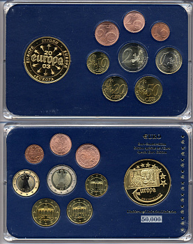 ФРГ евронабор от 1 евроцента до 2 евро  включает жетон банкноты Германии, планшет  биметалл, медно-никель  UNC  3-6-5-04