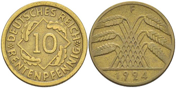 ГЕРМАНИЯ 10 РЕНTЕНПФЕННИГОВ 1924 F KM 33, J. 309, Weege 8 алюминиевая бронза 210-333