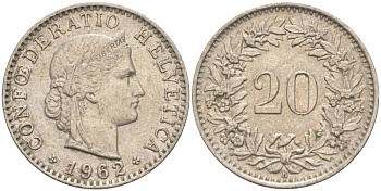 Швейцария 20 раппенов 1962 В KM 29a медно-никель 55-824
