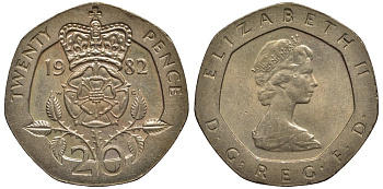 Великобритания 20 пенсов 1982 Елизавета II (1952-2022) KM 931, Spink 4230 (G1) медно-никель 186-845