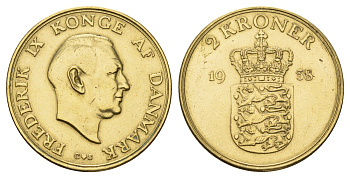 Дания 2 кроны 1958 С, Фредерик IX (1947-1972) KM 838 алюминиевая бронза 69-336