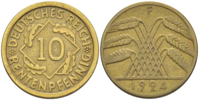 ГЕРМАНИЯ 10 РЕНTЕНПФЕННИГОВ 1924 F KM 33, J. 309, Weege 8 алюминиевая бронза 210-333