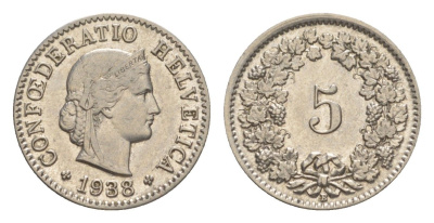 Швейцария 5 раппенов 1938 B KM 26 медно-никель 4627-137