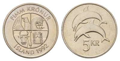 Исландия 5 крон 1992 дельфины KM 28 медно-никель UNC 4118-1021