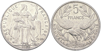 Французская Новая Каледония 5 франков 2009 птица кагу, (IEOM) KM 16, Schoen 12, Lec 81k алюминий 4111-214