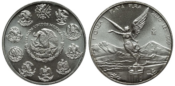 Мексика 1 онза 2010 Mo, серебряная инвестиционная монета "Свобода" KM 639 серебро UNC 00-00-00