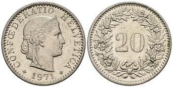Швейцария 20 раппенов 1971 KM 29а медно-никель 4576-962