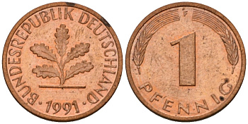 ФРГ 1 пфенниг 1991 F KM 105, J.380 сталь плакированная медью 4602-813