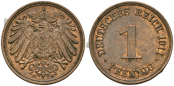 Германия 1 пфенниг 1911 D, Вильгельм II (1888-1918) KM 10, J. 10 медь 4608-153