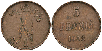 Россия для Финляндии 5 пенни 1908 Николай II (1894-1917) KM 15, Биткин 449 медь 259-1152