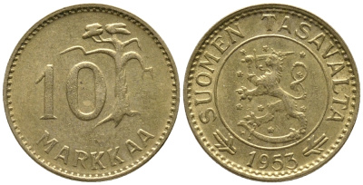 ФИНЛЯНДИЯ 10 МАРОК 1953 KM 38 алюминиевая бронза 34-1054