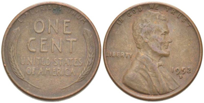 США 1 ЦЕНТ 1952 D, ЛИНКОЛЬН KM А132 медь цинк 218-615