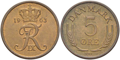ДАНИЯ 5 ЭРЕ 1963 C; S, ФРЕДЕРИК IX (1947-1972) KM 848.1 бронза 67-725