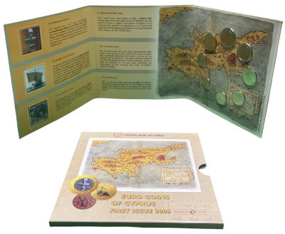 Кипр евронабор из 8 монет 2008 первый набор Кипра после вступления в еврозоны, в буклете  биметалл  UNC  7-6-1-23