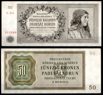 Богемия и Моравия 50 крон 1944 Pick 10 бумага aUNC 451-1045-1