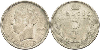 Бельгия 5 франков 1936 Леопольд III (1934-1951), Belgie KM 109 никель 3851-521