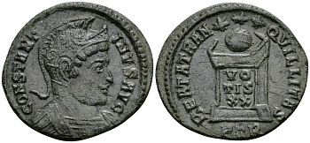 Римская Империя нуммий 321 Константин I Великий BEATA TRANQVILLITAS Августа Треверов Extremely fine (С3) RIC 303 бронза 1073-3-5-6