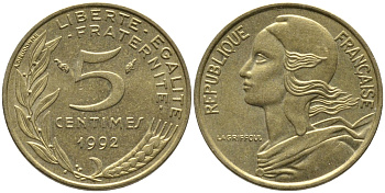 ФРАНЦИЯ 5 САНТИМОВ 1992 ТИП MARIANNE KM 933 медь алюминий никель 99-1125
