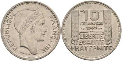Франция 10 франков 1949 тип Пьер Турин, Petite Tete KM 909.1, Le Franc 362.6 медно-никель 81-1133