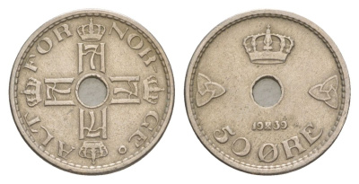 Норвегия 50 эре 1939 Хокон VII (1905-1957) KM 386 медно-никель 4635-354