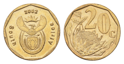 ЮАР 20 центов 2002 герб, цветок протея KM 270 сталь плакированная бронзой UNC 4687-544