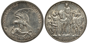 Пруссия 2 марки 1913 A, Вильгельм II (1888-1918), 100 лет победы над Наполеоном J.109, Weege 109, KM 532 серебро 3711-924