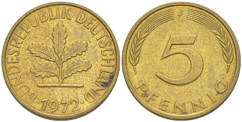 ФРГ 5 ПФЕННИГОВ 1972 J KM 107, J. 382 сталь плакированная латунью 4181-937