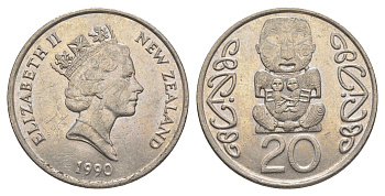 Новая Зеландия 20 центов 1990 Елизавета II (1952-2022), идол Пукаки KM 81 медно-никель 4187-1141
