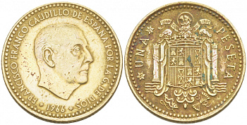ИСПАНИЯ 1 ПЕСЕТА 1966 (71) ФРАНСИСКО ФРАНКО ДИКТАТОР ИСПАНИИ (1939-1975) КМ 796 алюминиевая бронза 87-1451
