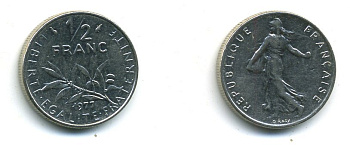 ФРАНЦИЯ 1/2 ФРАНКА 1977 СЕЯТЕЛЬ KM 931.1, LE FRANC 198.16 никель 57-1155