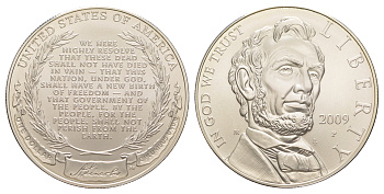США 1 доллар 2009 P, 200 лет со дня рождения Авраама Линкольна KM 454 серебро  UNC  1079-5-53
