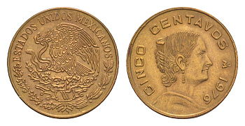Мексика 5 сентаво 1976 Мо, Жозефа Ортис де Домингес KM 427 латунь UNC 4636-457