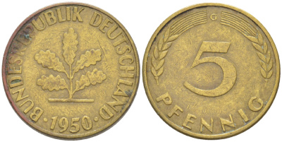 ФРГ 5 ПФЕННИГОВ 1950 G KM 107, J. 382 сталь плакированная латунью 4181-912