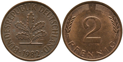 ФРГ 2 ПФЕННИГА 1982 J KM 106а, J.381а сталь плакированная сталь плакированная медьюю 33-242