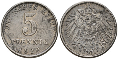 Германия 5 пфеннигов 1920 A KM 19, J. 297 железо 4151-629