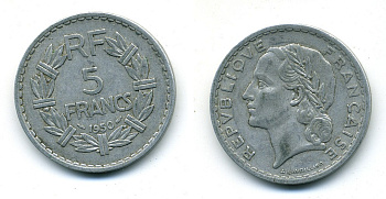 ФРАНЦИЯ 5 ФРАНКОВ 1950 KM 888b.1 алюминий 84-713